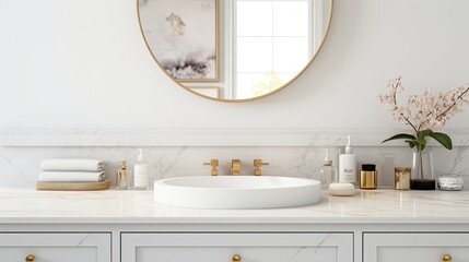 Luxurious White Bathroom: Empty Marble Tabletop
