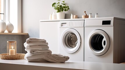 Laundry Day Elegance: White Room with Modern Washer
 - obrazy, fototapety, plakaty