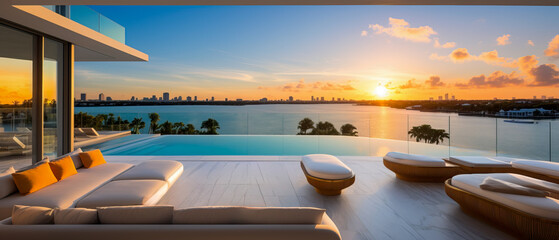 A pool at a luxury hotel resort. The pool has beautiful views of the ocean. The perfect relaxing getaway tropical summer vacation.	