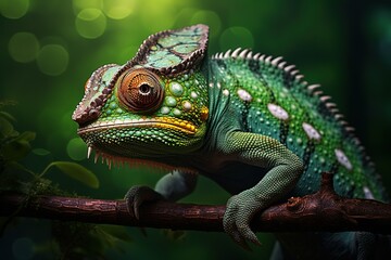 Obraz premium Chamelion animal sitting on a branch in nature.
