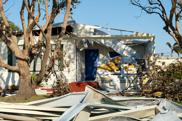 Florida Southwest region after hurricane season. Collapsed and damaged mobile homes in rural...