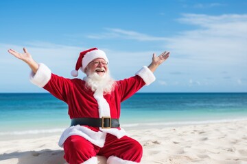 Obraz premium Santa Claus happy sitting with hands up at the tropical beach