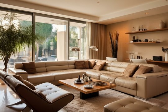 Contemporary living space in beige with leather furniture. Generative AI
