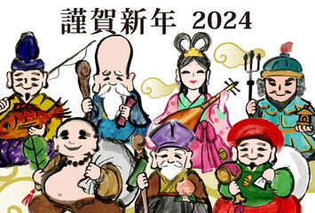 2024年 辰年 年賀状用テンプレート　七福神の手描き和風イラスト入り