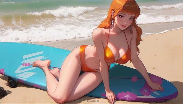 A sexy girl with a beautiful body in a bikini poses on the shore of a sandy sunny beach. Created with AI.	
