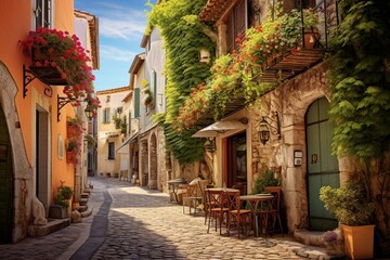 A beautiful street in the historical center of Antibes, France, along the Mediterranean Sea. Generative AI