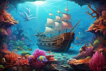 An underwater scene with a submerged pirate ship and vibrant coral reef teeming with marine creatures. Generative AI