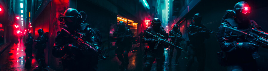 Cyberpunk Warfare Futuristic Rainy Street with Armed Forces in Neon Glow, Future Conflict Zone Soldiers Patrol a Rain-Soaked Neon City Street