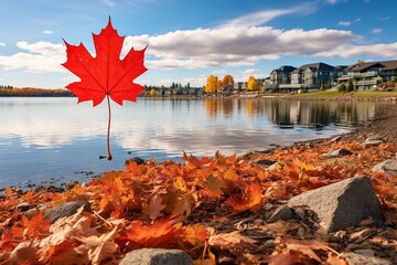 Photo of Chestermere, a city in Alberta province with the Canadian maple leaf. Generative AI