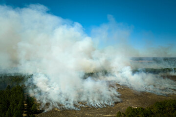 View from above of dense smoke from woodland and field on fire rising up polluting air. Concept of natural disaster
