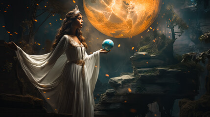 Quest for Knowledge Ancient Woman Yearning to Grasp the Universe while holding Earth Globe, Ancient Pursuit of Wisdom Pondering the Cosmos