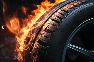 Wheel in flames, burning tire on black background