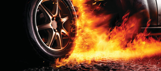 Wheel in flames, burning tire on black background - obrazy, fototapety, plakaty