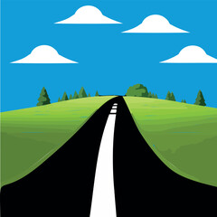 Simple road vector illustration, features a black road with a white dashed line, traversing through a lush green landscape under a blue sky white clouds. Ideal for  travel, adventure, and nature - obrazy, fototapety, plakaty