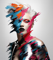 Pop collage Illustration of a beautiful female fashion model distorted by colorful and vibrant...