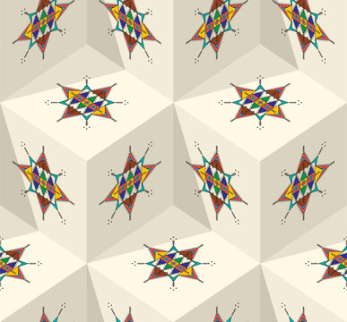 Decorative geometric repeating pattern inspired by Al-Qatt Al-Asiri traditional paintings, isometric cube vector pattern