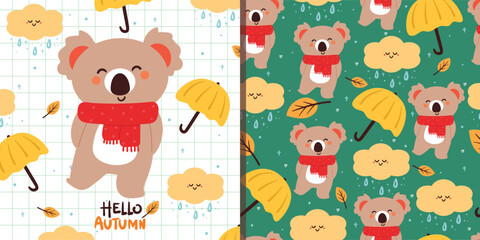 Obraz premium seamless pattern and card cartoon koala, leaves and autumn vibes element. cute autumn wallpaper and card for holiday. design for fabric, flat design, gift wrap paper