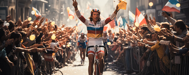 Champion Cyclist: Roaring Applause as Victory is Sealed, Winning the Race Amidst Cheers of Support - obrazy, fototapety, plakaty