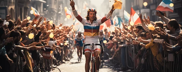 Keuken spatwand met foto Champion Cyclist: Roaring Applause as Victory is Sealed, Winning the Race Amidst Cheers of Support © ARTMAXX