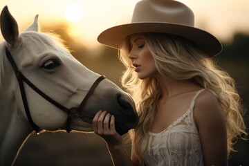 Blonde girl in a hat hugging a white hourse on sunset background