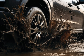Off-road travel.  Close up of a car wheels driving through mud - obrazy, fototapety, plakaty