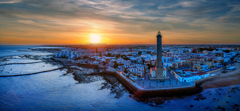 Drone view of the Chipiona lighthouse at dawn in the province of Cadiz.