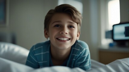patient in a clinic hospital room on a bed receiving good news