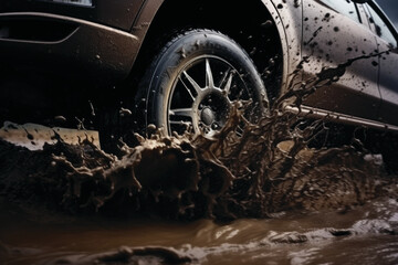 Off-road travel.  Close up of a car wheels driving through mud