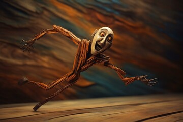 Abstract illustration: wooden puppet sprinting far, surreal concept of freedom. Generative AI - obrazy, fototapety, plakaty