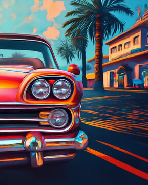 illustration of a vintage car in the street with palm trees