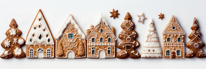 Gingerbread houses set, Christmas traditional cookies isolated on white