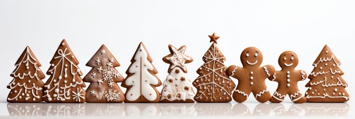 Gingerbread man and trees set, Christmas traditional cookies isolated on white