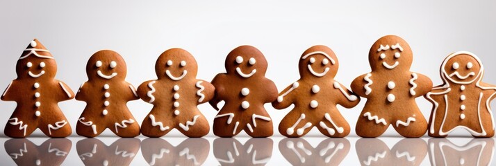 Christmas gingerbread man and woman cookies set isolated on white. Gingerbread men in a row
