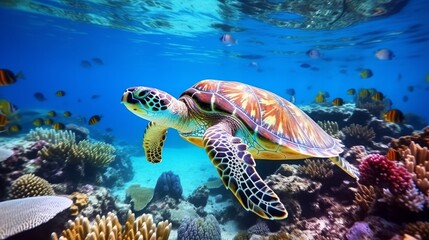 Wonderful Submerged Postcard Maldivian Ocean Turtle Coasting Up And Over Coral reef Loggerhead in wild nature living space