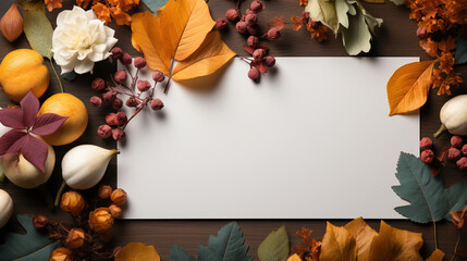 Autumn leaves and wooden floor, top view. Background with margins. Copyspace background.