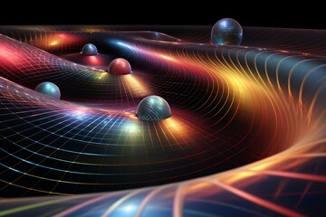3D representation of spacetime curvature, solar system gravity force, gravity waves, relativity, LHC experiment. Generative AI
