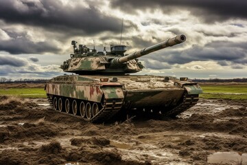 Active British tank on Salisbury Plain, UK. Generative AI