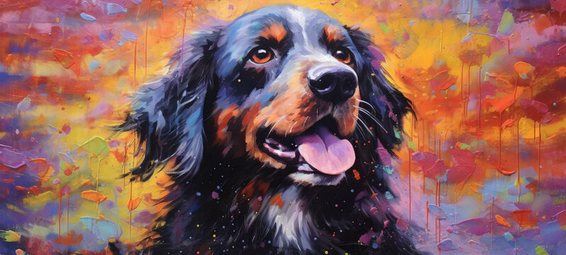 a colorful painting of a dog,colorful explosions, dark purple and dark gray, hard edge painting.