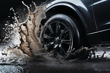 Car tire splashing water on black background.