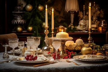 Fototapeta na wymiar Festive table setup with decorations and settings for a Christmas feast. Generative AI