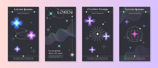 Fototapeta na wymiar Vector insta story cosmic templates with linear shapes,blurred sparkles in 90s style.Smm banners in y2k aesthetic.Futuristic designs for social media marketing,branding,packaging
