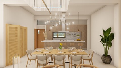 Living room, dining room and kitchen, open space, blank canvas, with many minimalist boho chic style plants