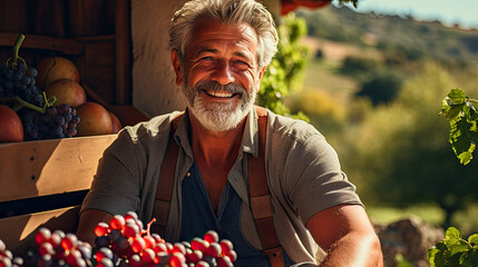 Apple orchard, portrait of a old mature farmer man smiling with clean teeth. guy with fresh stylish hair and beard . autumn harvest