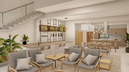 Living room, dining room and kitchen, open space, blank canvas, with many minimalist boho chic style plants, stairs and double height space