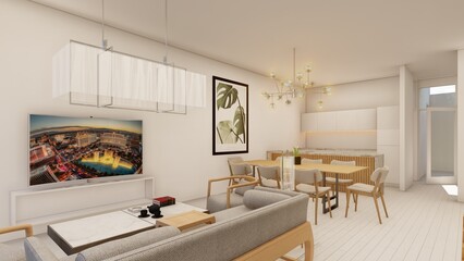 Living room, dining room and kitchen, open space, blank canvas, with many minimalist boho chic style plants, stairs and double height space