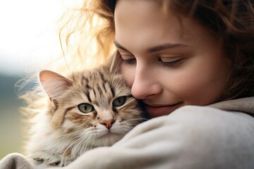 Young woman holding cute siberian cat with yellow eyes. Girl hugging her cute kitten. Cat enjoys being in girls arms. Adorable domestic pet. Love animals and animal shelter concept