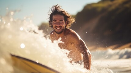 Youthful man surfing the wind on a shinning summer day