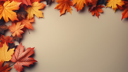 Fototapeta premium Autumn leaves and wooden floor, top view. Background with margins. Copyspace background. 