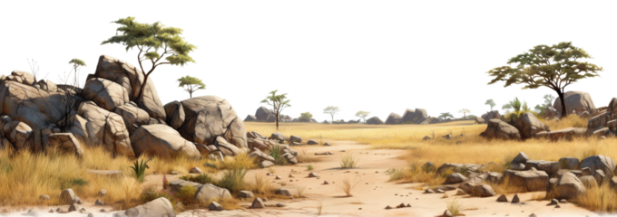 Savanna with faded grass and rocks, cut out