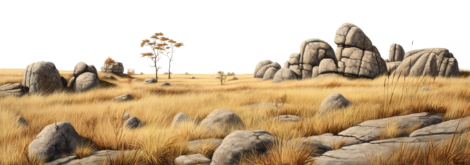 Savanna with faded grass and rocks, cut out